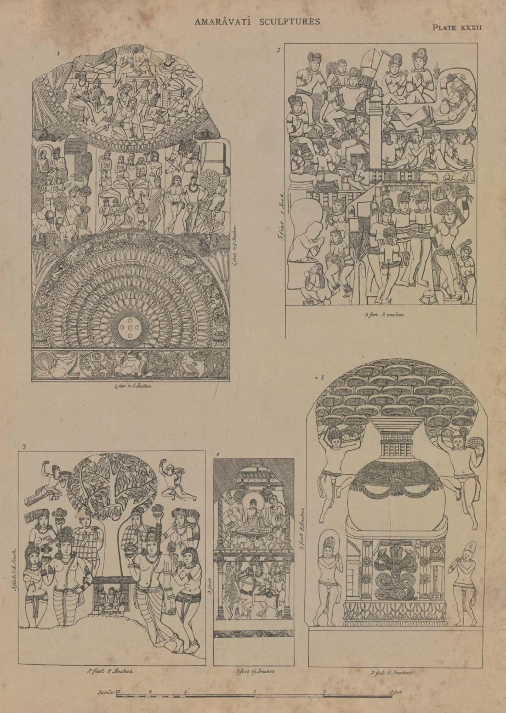 Line drawings of a carved rail pillar and four slabs with stupa and figure scenes.