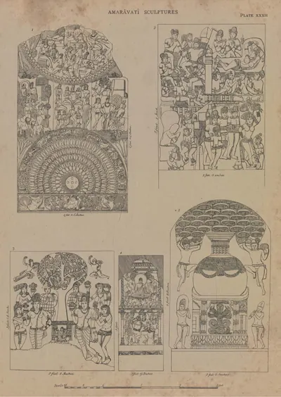 Line drawings of a carved rail pillar and four slabs with stupa and figure scenes.