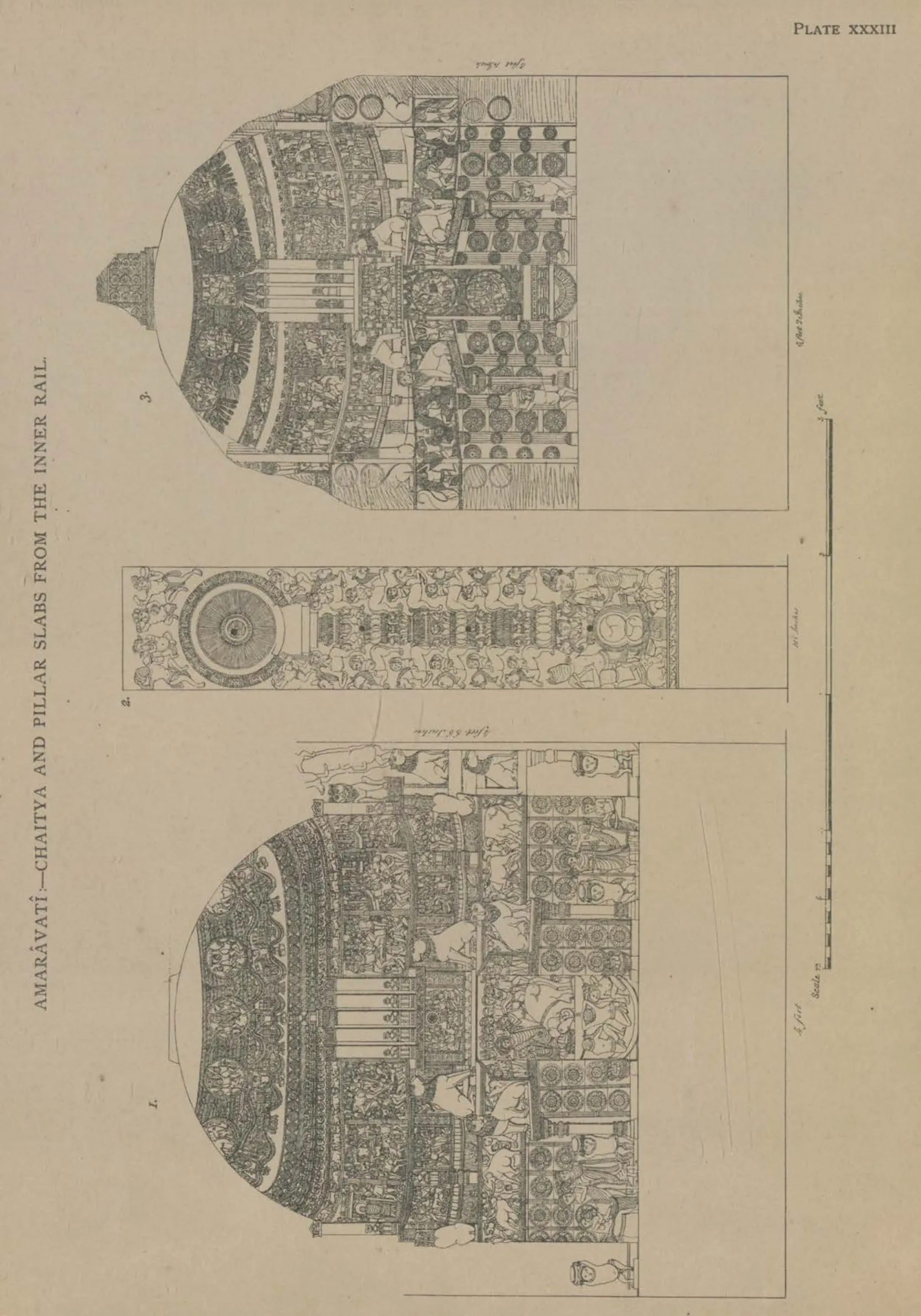 Line drawings of two slabs each showing a carved stupa, and a pillar topped by a wheel.