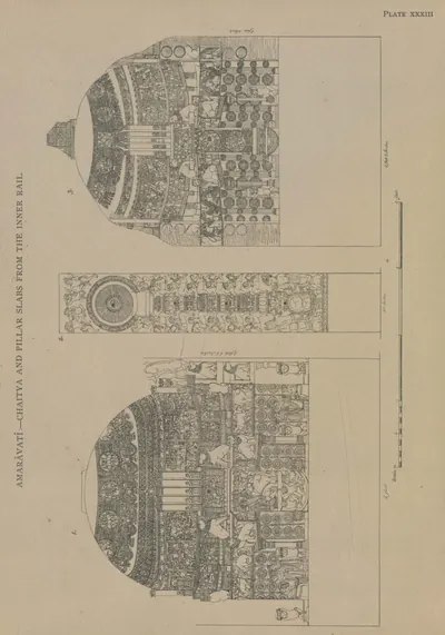 Line drawings of two slabs each showing a carved stupa, and a pillar topped by a wheel.