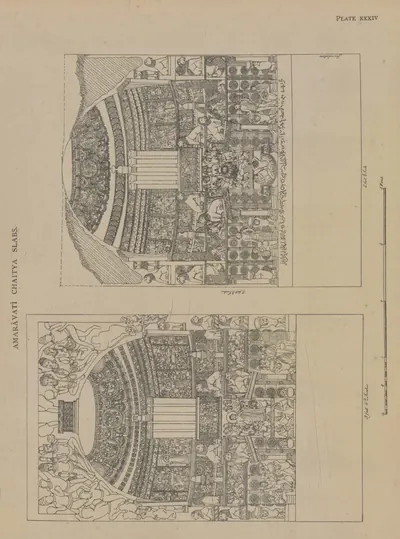 Line drawings of two slabs each carved with a stupa covered in reliefs.