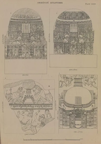 Line drawings of three slabs carved with stupas and a fragment with figures.