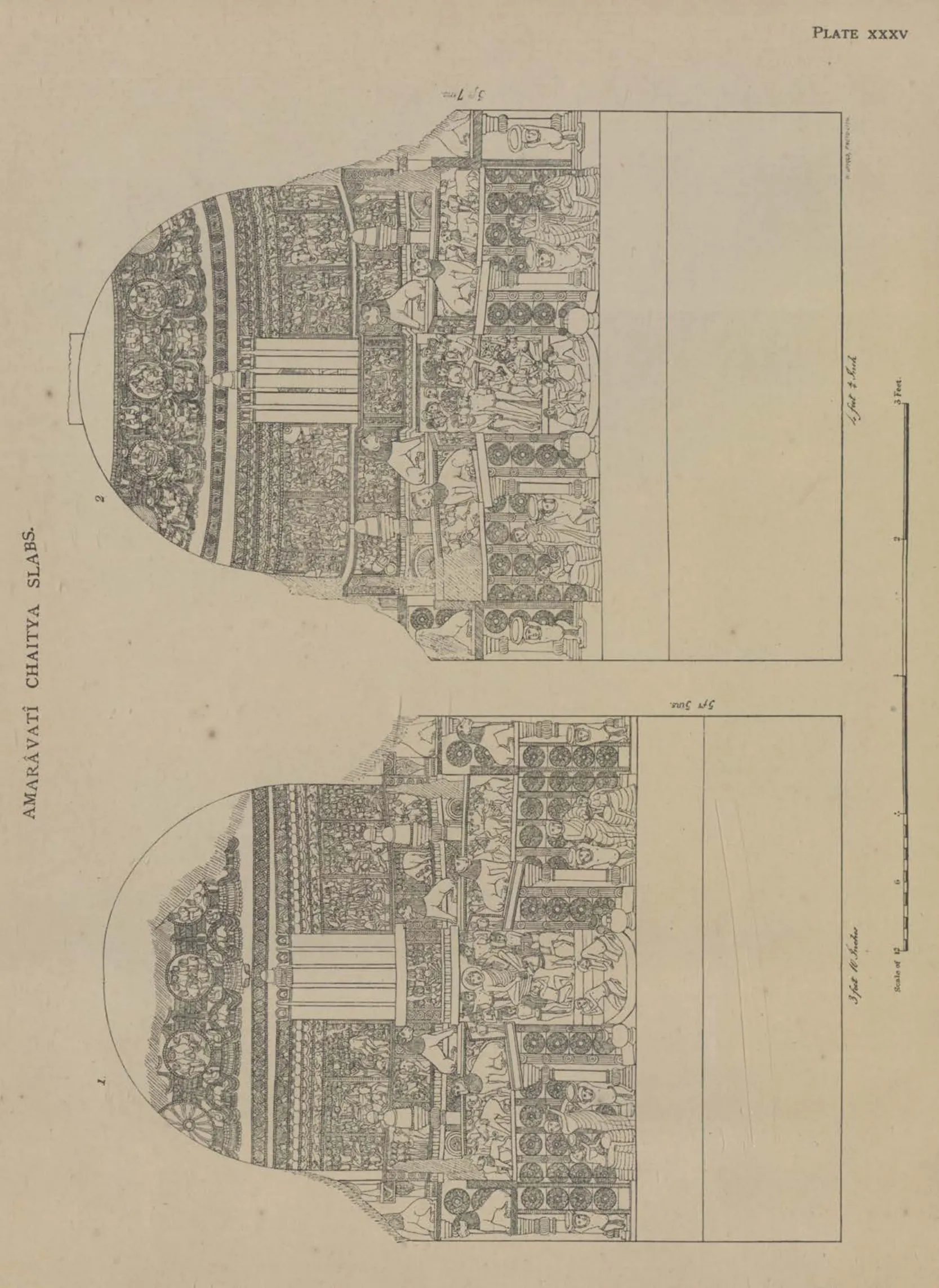 Line drawings of two slabs each carved with a stupa covered in reliefs.