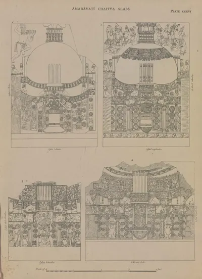 Line drawings of four slabs showing carved stupas with gateways and figures.