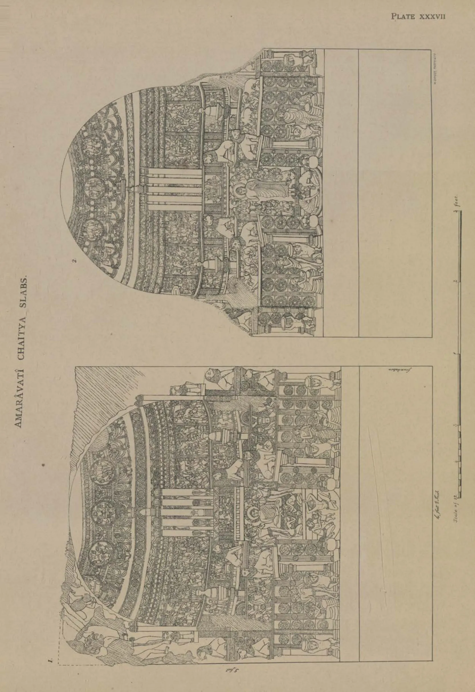 Line drawings of two slabs each carved with a stupa.