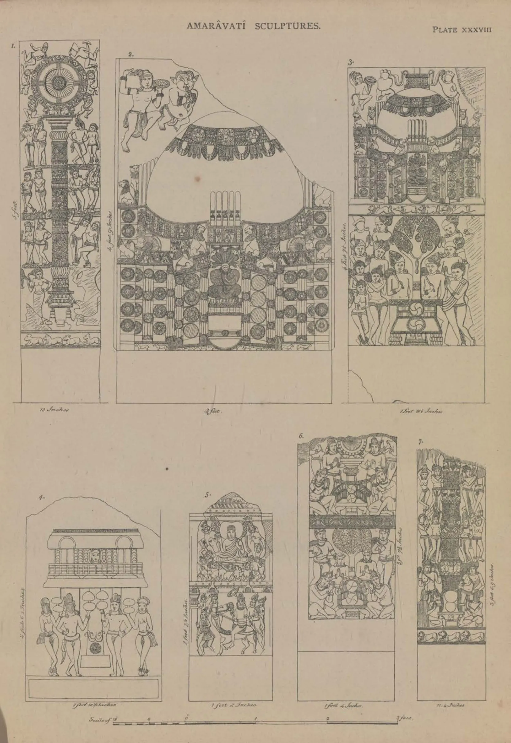 Line drawings of pillars, a stupa slab and other carved fragments.