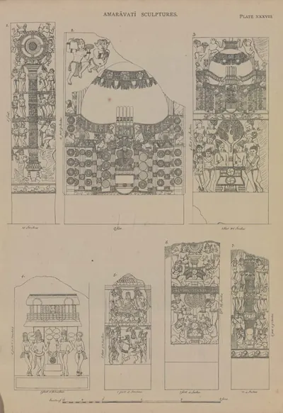 Line drawings of pillars, a stupa slab and other carved fragments.
