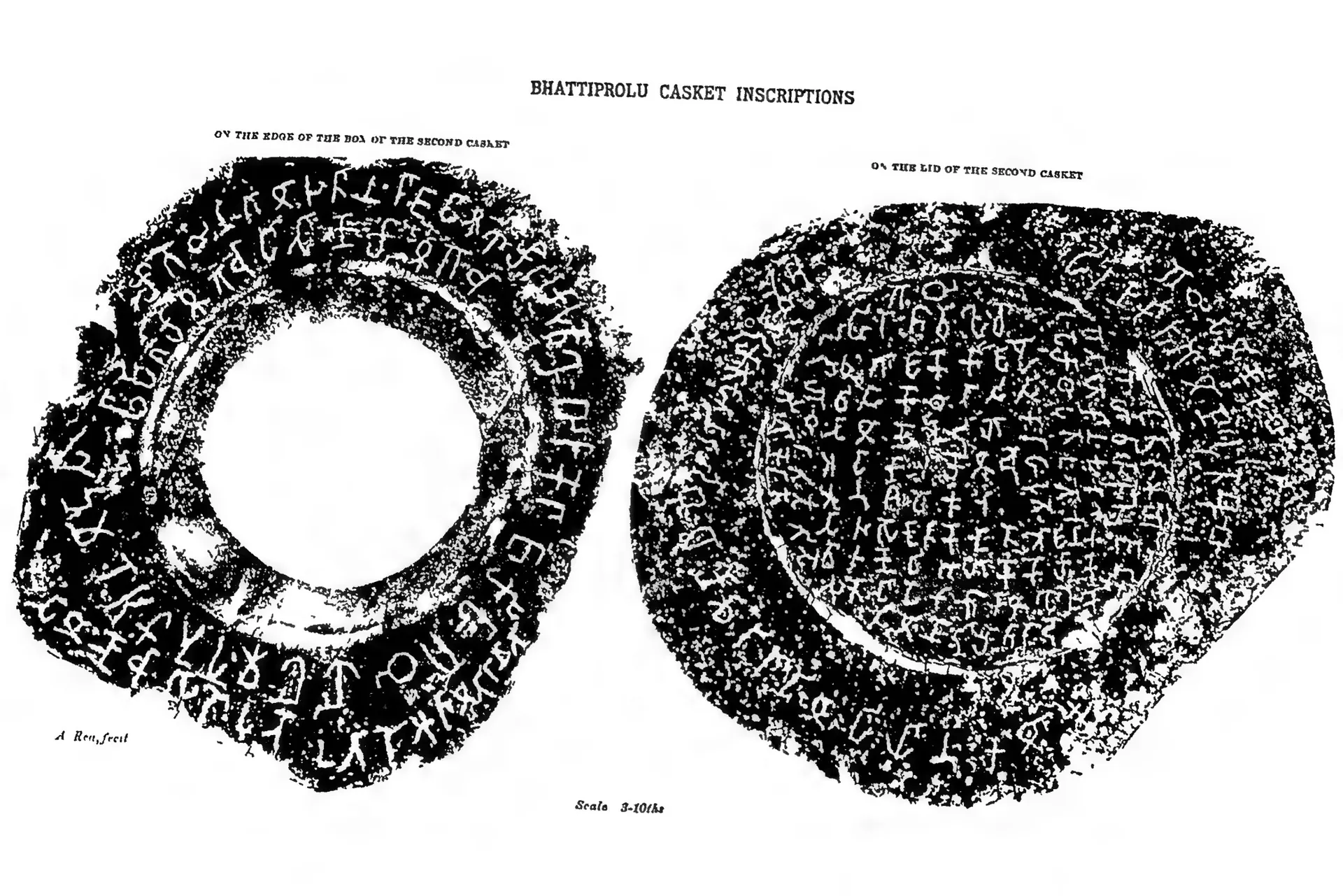 Facsimiles of the Brahmi inscriptions on the second casket: a ring of letters round the box and a circular text on the lid.