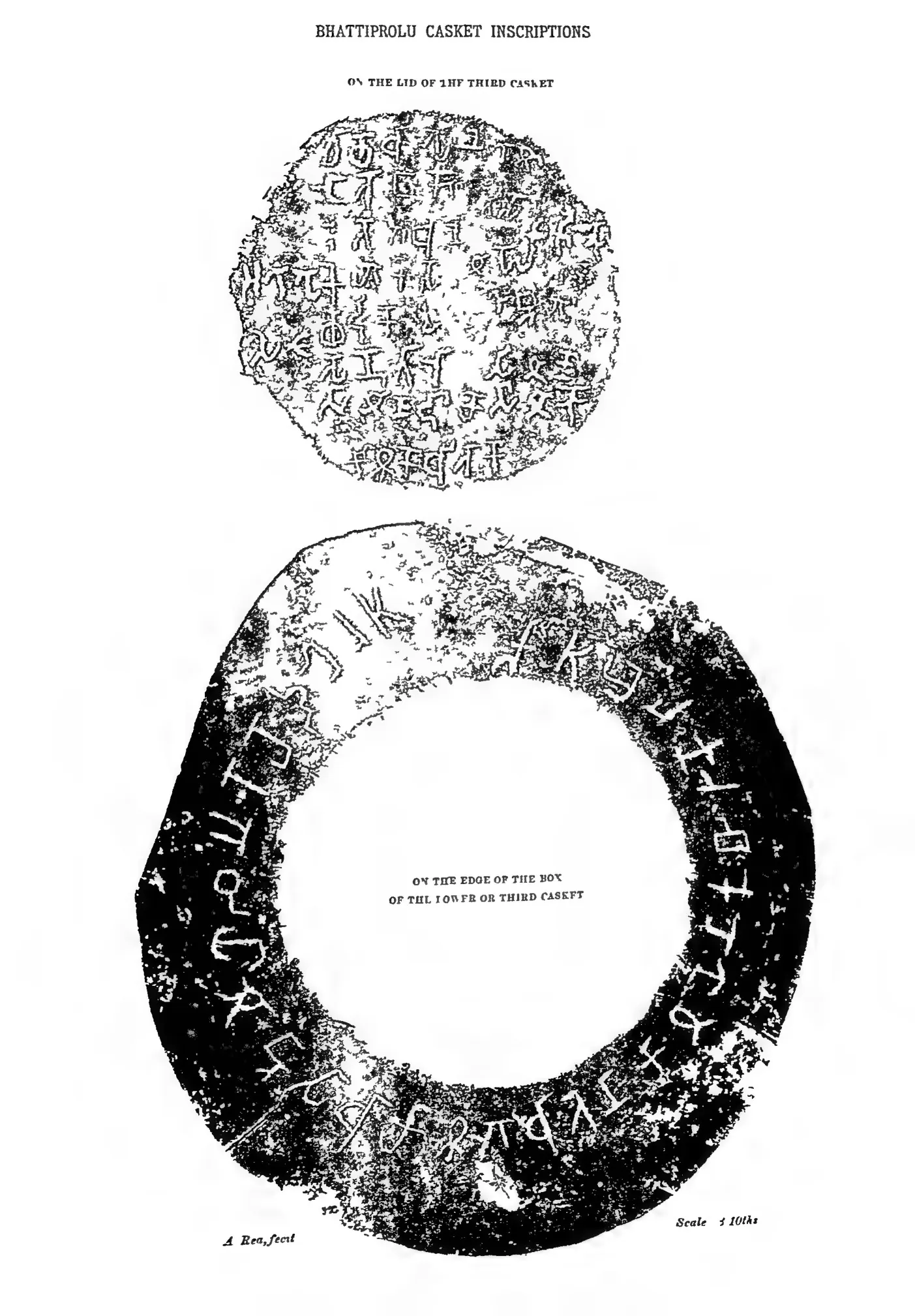 Facsimiles of the Brahmi inscriptions on the third casket: a short text from the lid and a ring of letters round the box.