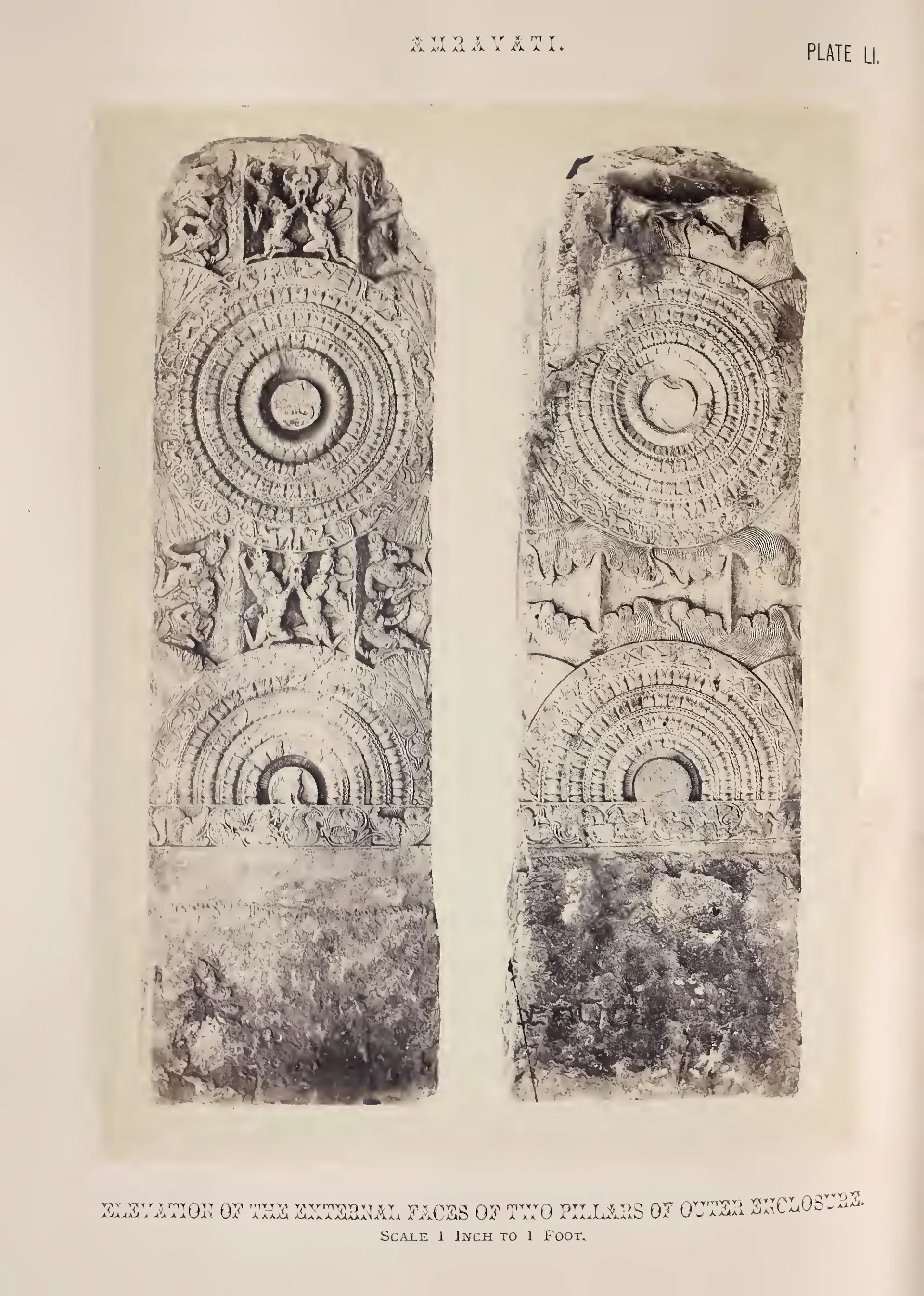 Photograph of two carved rail pillars with lotus medallions and figure panels.