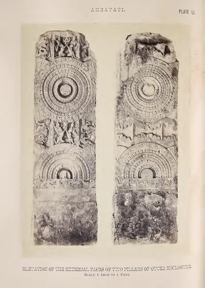 Photograph of two carved rail pillars with lotus medallions and figure panels.