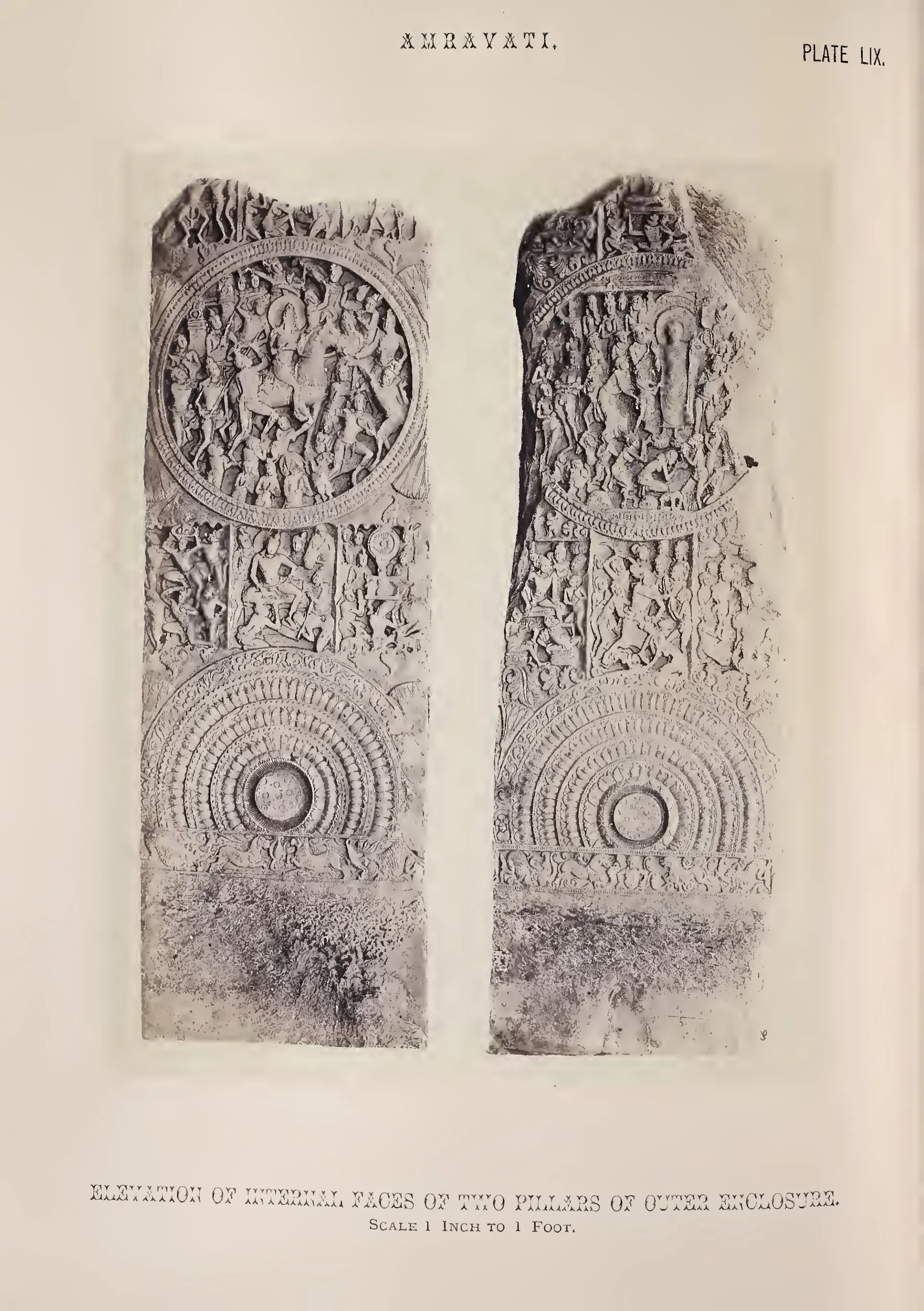 Photograph of two rail pillars carved with medallions full of figures.