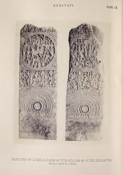 Photograph of two rail pillars carved with medallions full of figures.