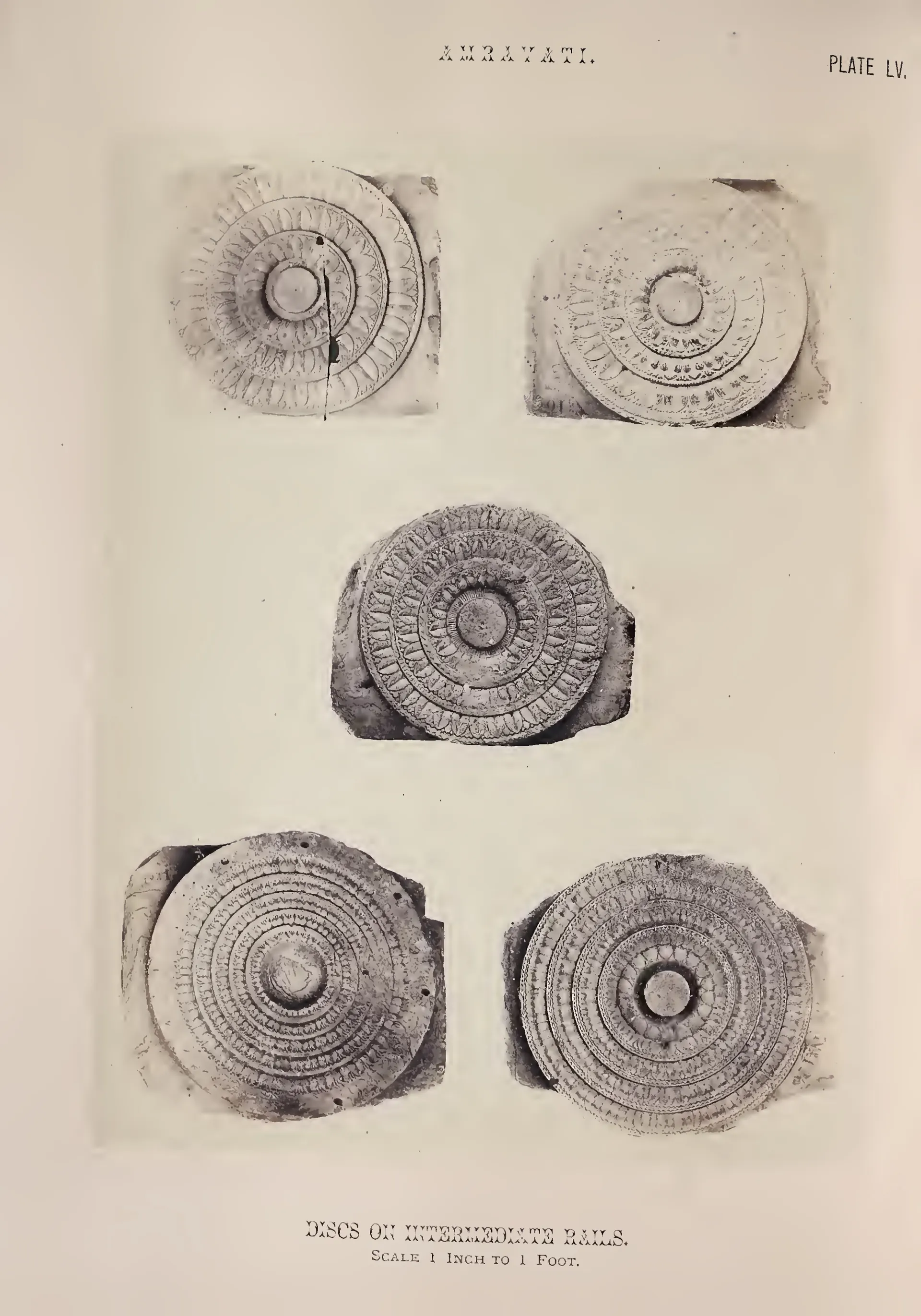 Photograph of five circular lotus-carved cross-bar discs.