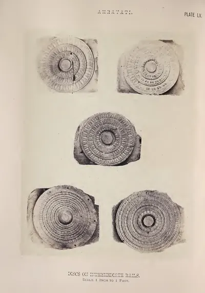 Photograph of five circular lotus-carved cross-bar discs.