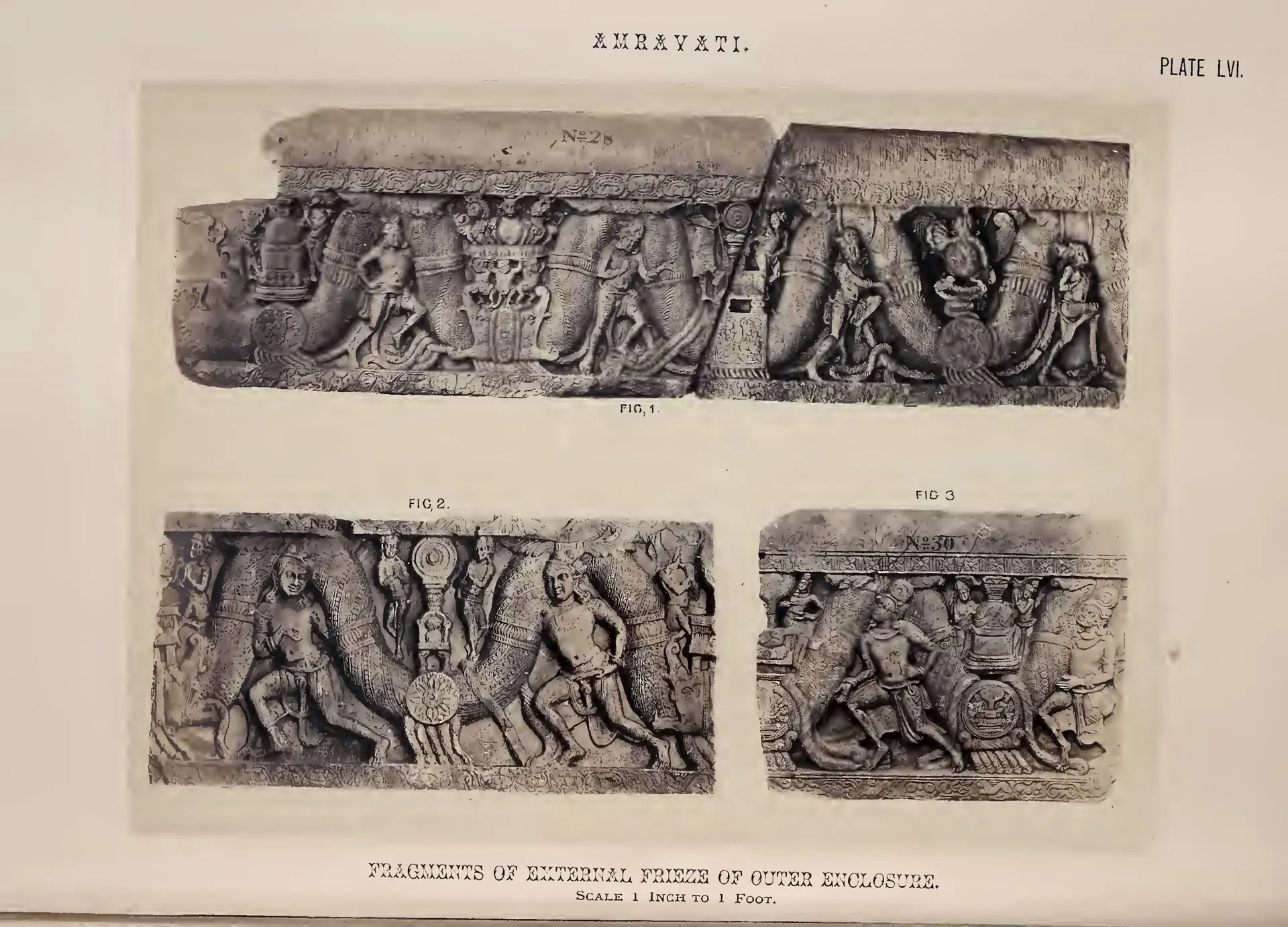 Photograph of three coping fragments carved with a garland carried by figures.