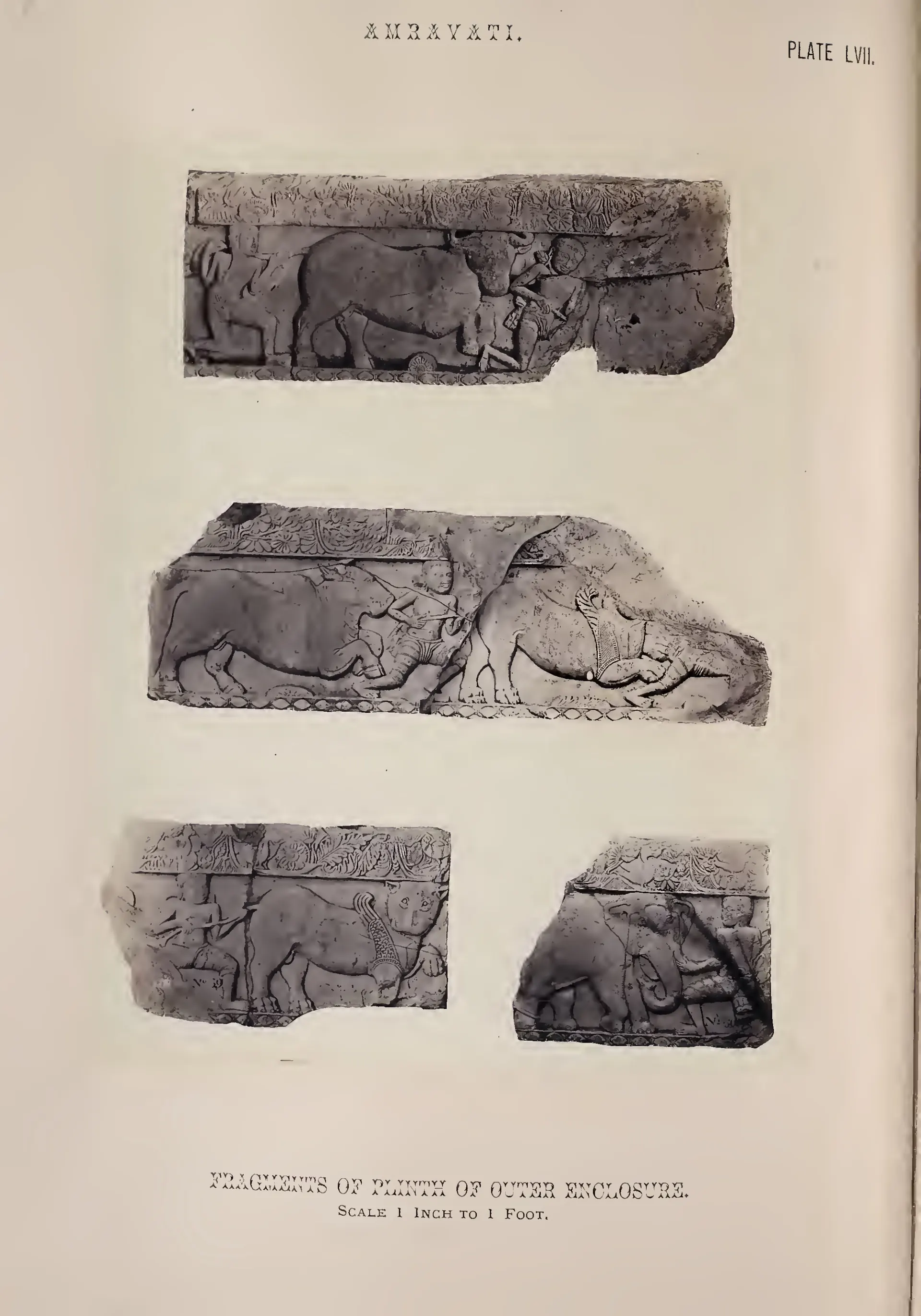 Photograph of four fragments of a frieze carved with running animals.