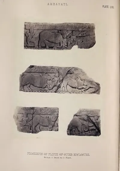 Photograph of four fragments of a frieze carved with running animals.