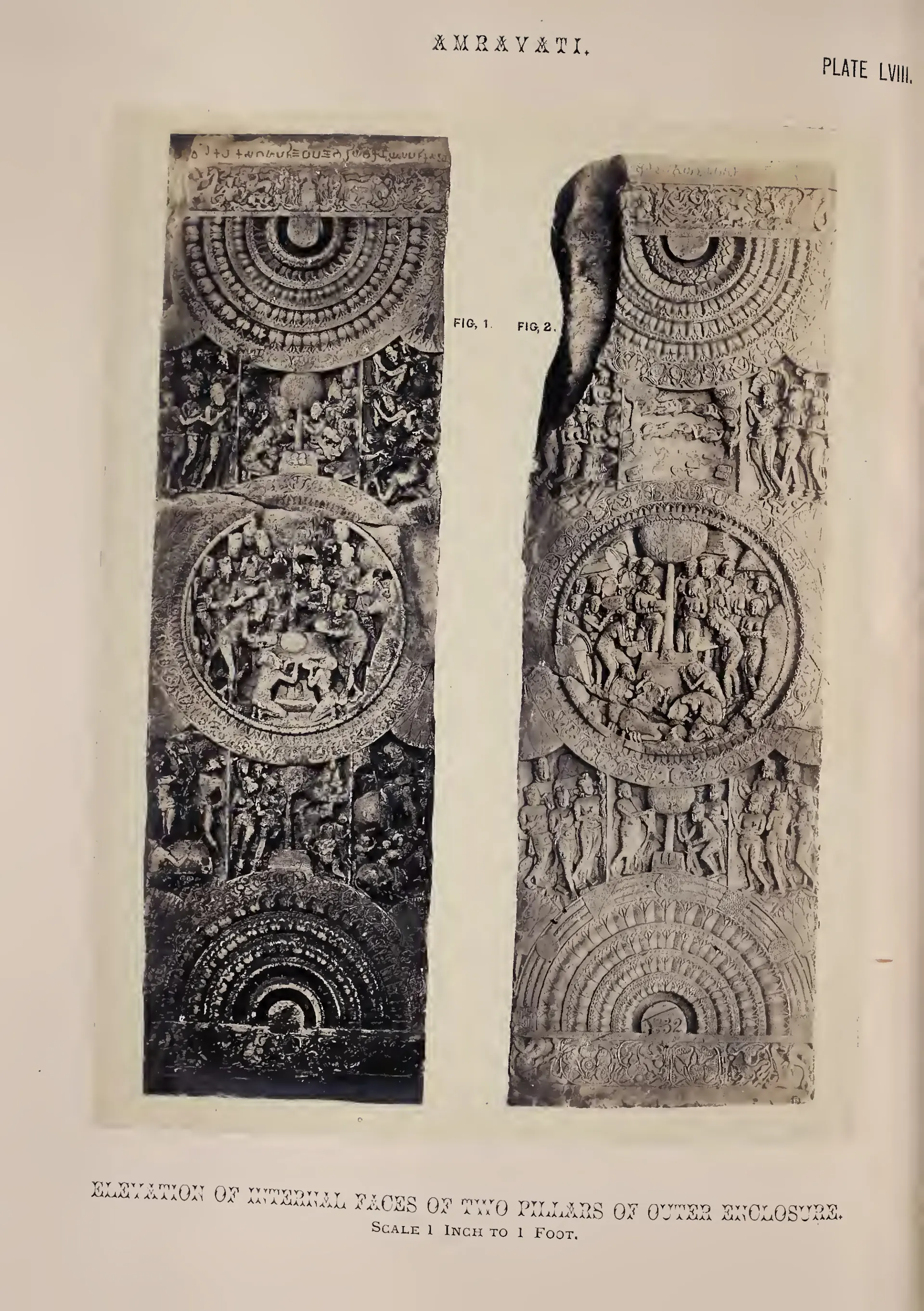 Photograph of two rail pillars carved with medallions full of narrative scenes.