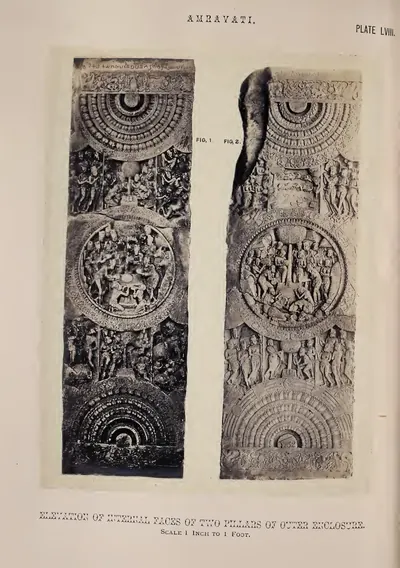 Photograph of two rail pillars carved with medallions full of narrative scenes.