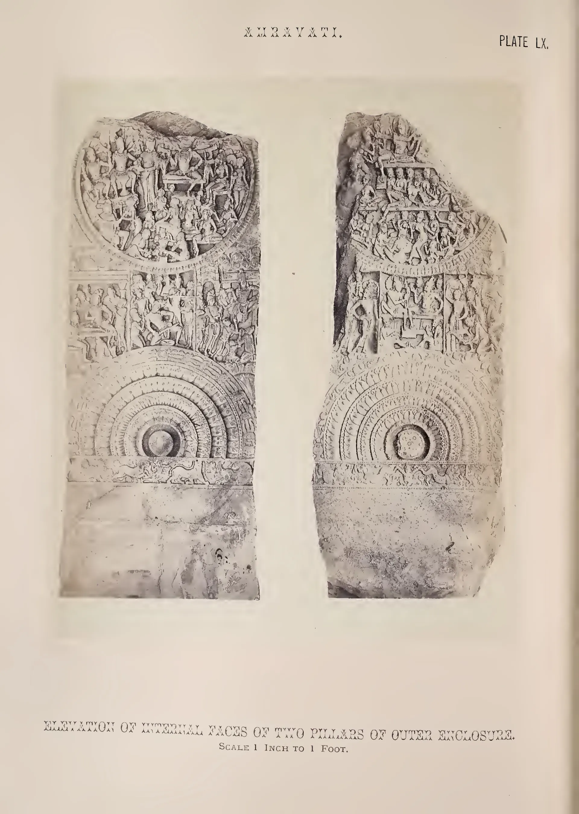 Photograph of two rail pillars carved with medallions and figure scenes.