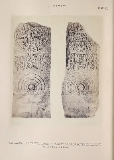 Photograph of two rail pillars carved with medallions and figure scenes.