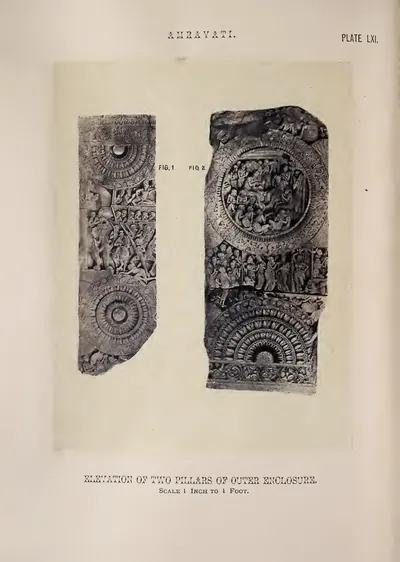 Photograph of two fragments of rail pillars with carved medallions.