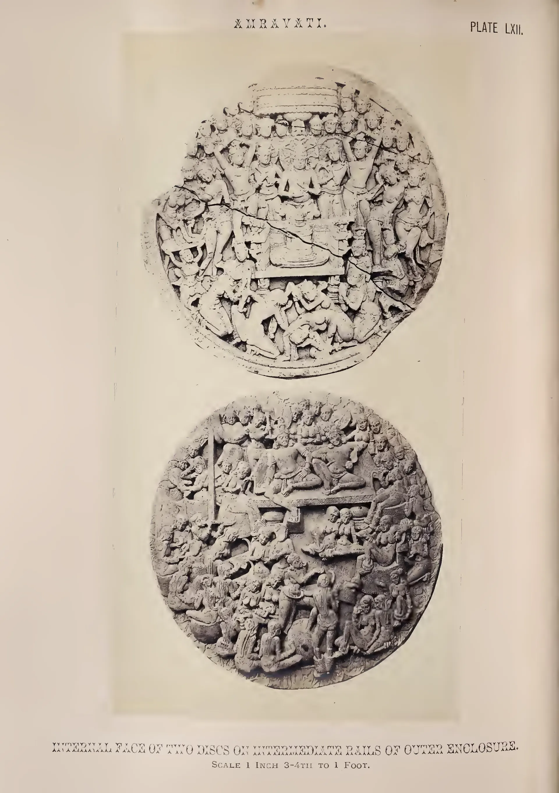 Photograph of two circular cross-bar discs crowded with carved figure scenes.