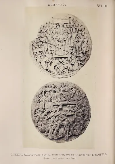 Photograph of two circular cross-bar discs crowded with carved figure scenes.