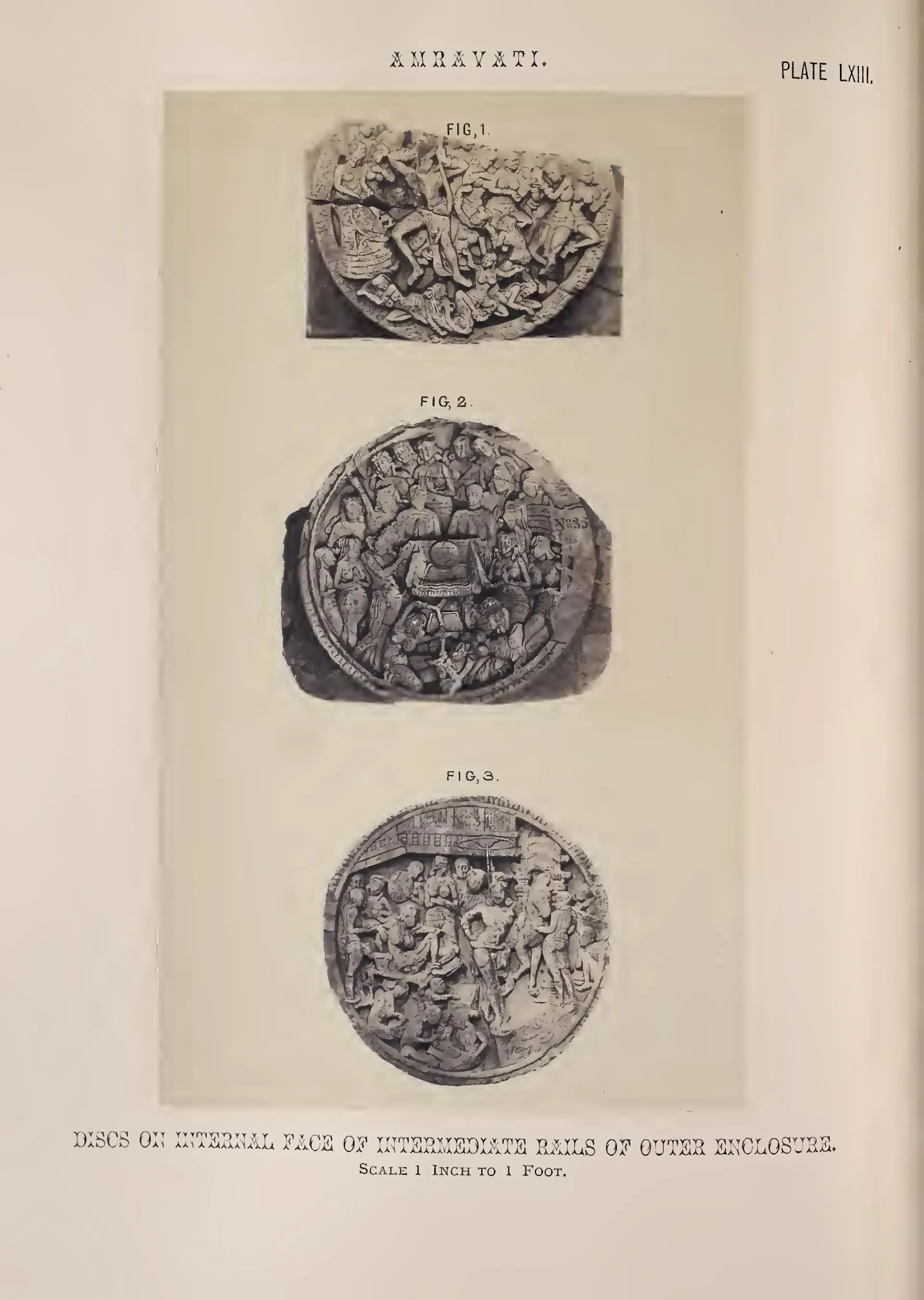 Photograph of three carved cross-bar discs and fragments with figure scenes.