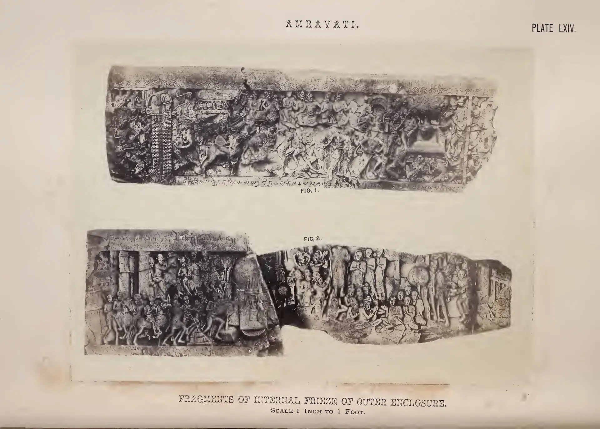 Photograph of two long coping fragments carved with crowded narrative scenes.