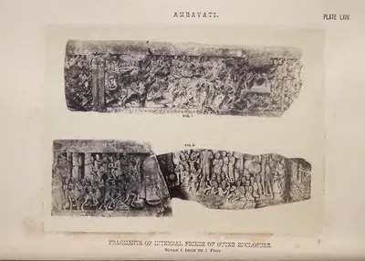 Photograph of two long coping fragments carved with crowded narrative scenes.