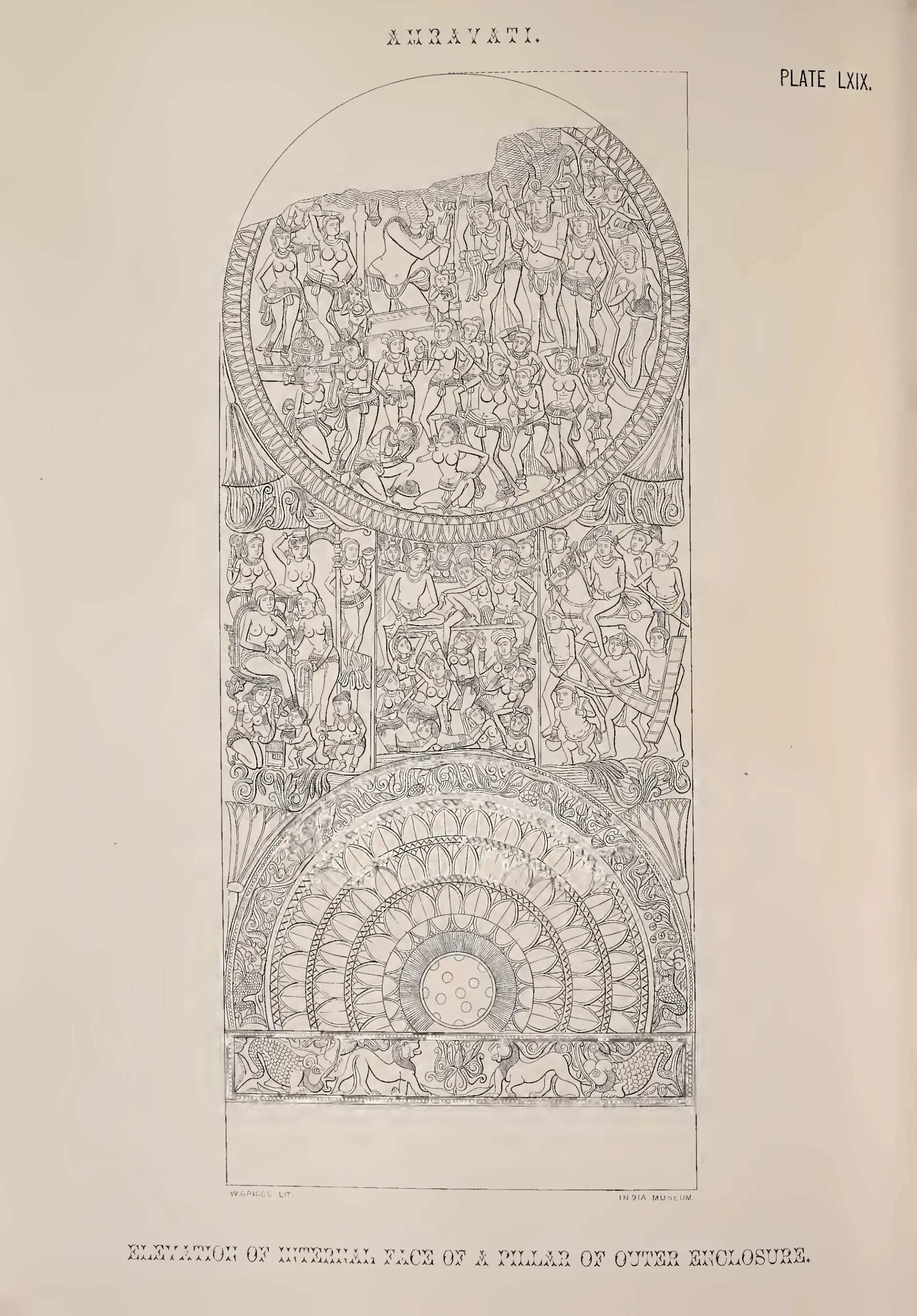 Lithograph of a rail pillar with medallions full of figures.