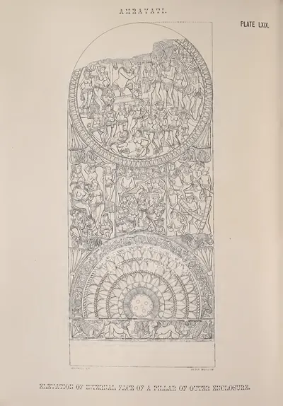 Lithograph of a rail pillar with medallions full of figures.