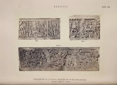 Photograph of three coping fragments carved with figure scenes.