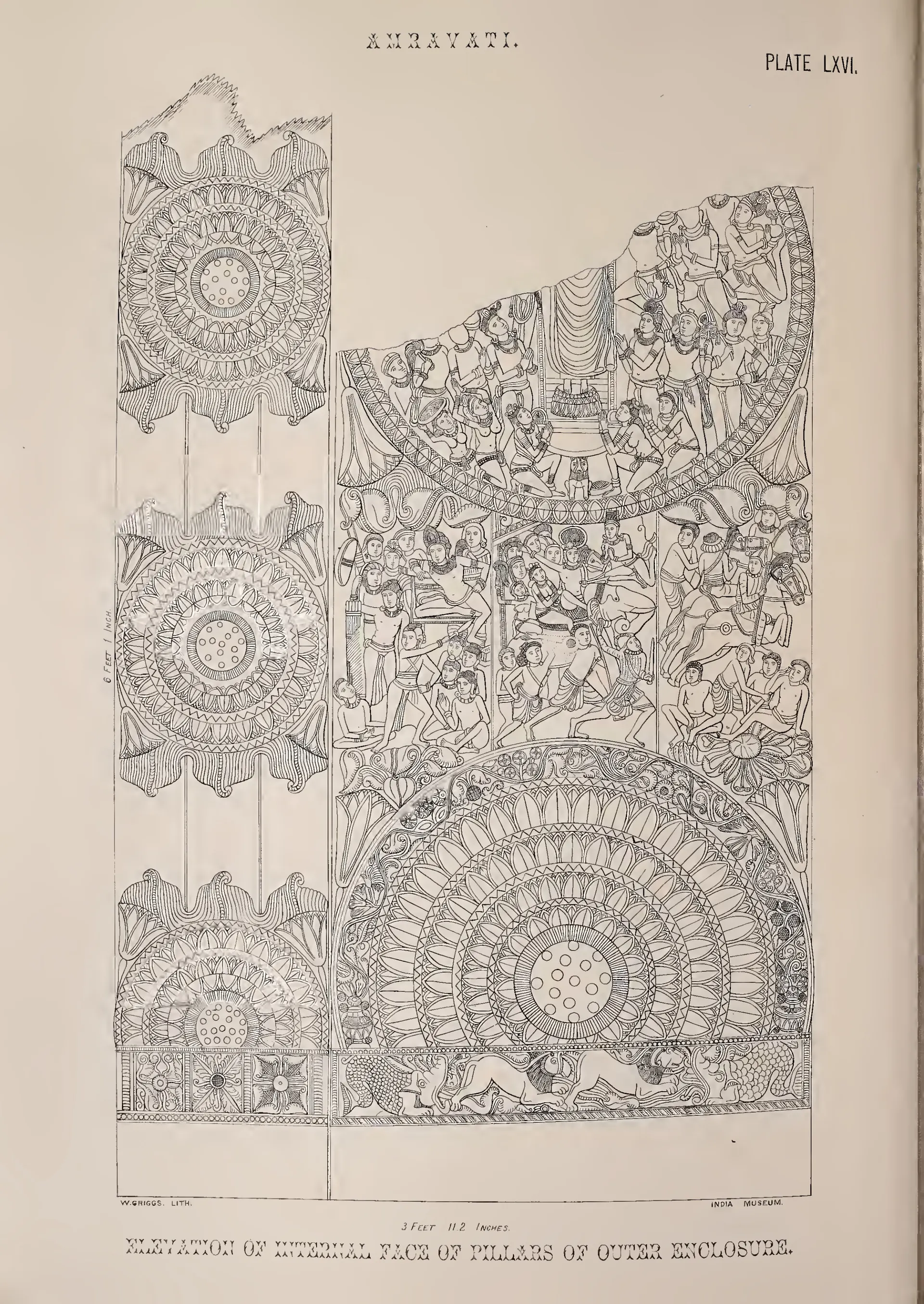 Lithograph of rail pillars and cross-bars covered in medallions and narrative reliefs, India Museum.