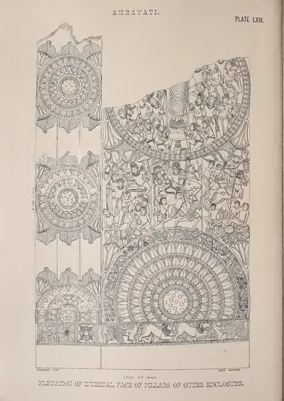 Lithograph of rail pillars and cross-bars covered in medallions and narrative reliefs, India Museum.