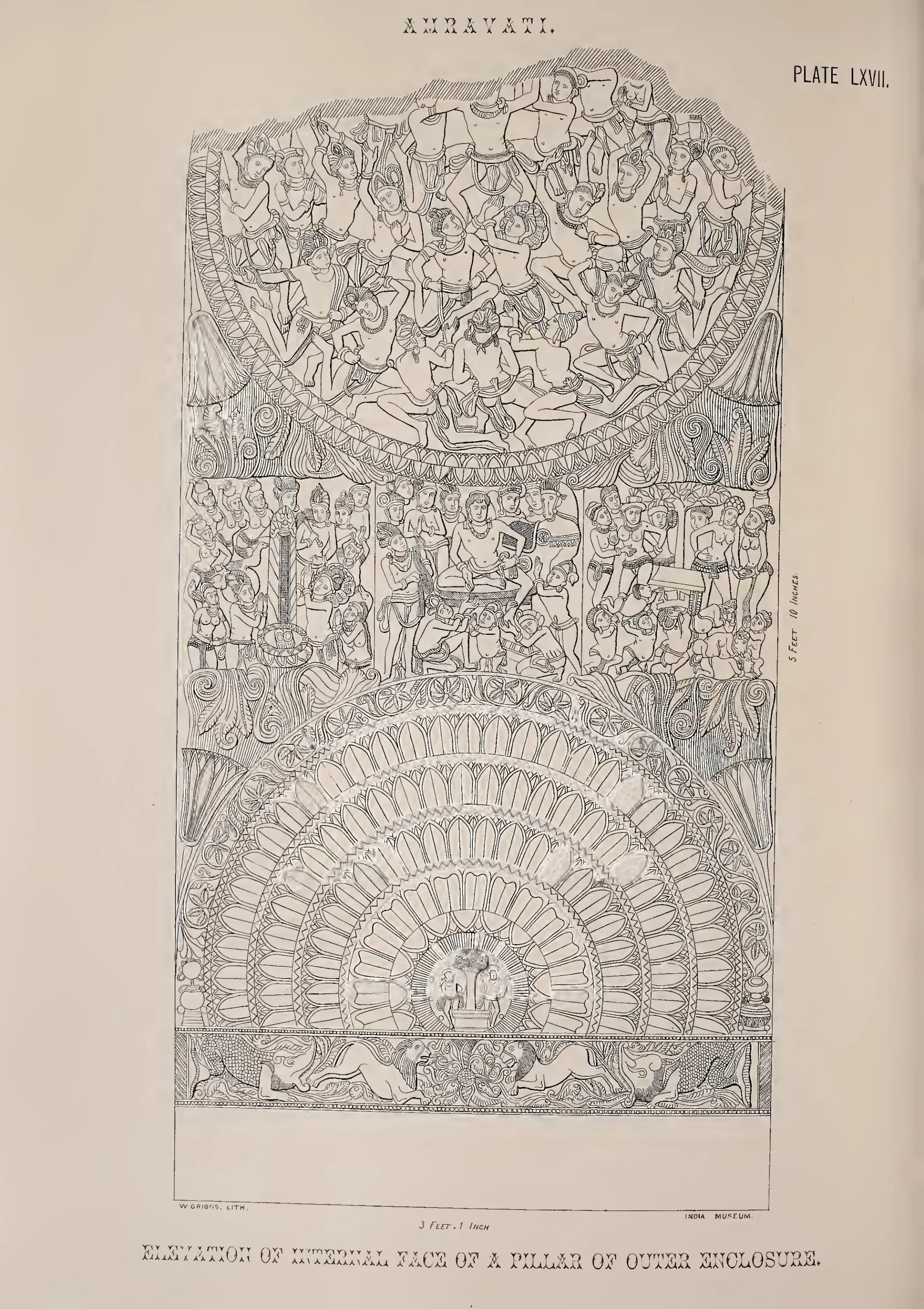 Lithograph of a rail pillar carved with a lotus medallion and crowded figure scenes.