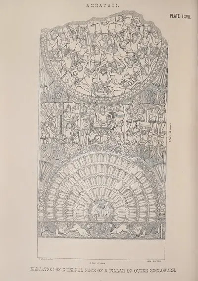 Lithograph of a rail pillar carved with a lotus medallion and crowded figure scenes.