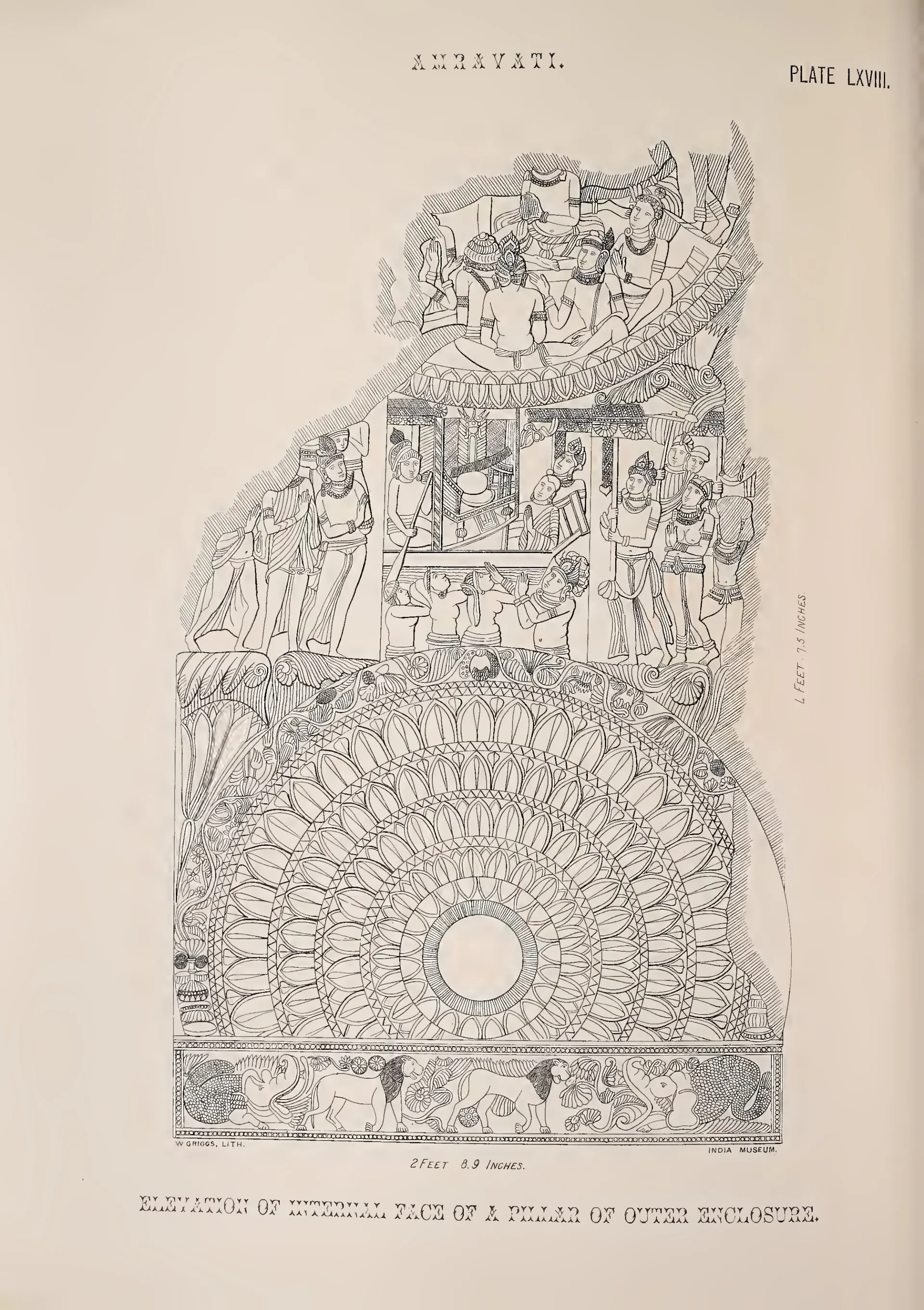 Lithograph of a broken rail pillar with a lotus half-medallion and figure scenes.