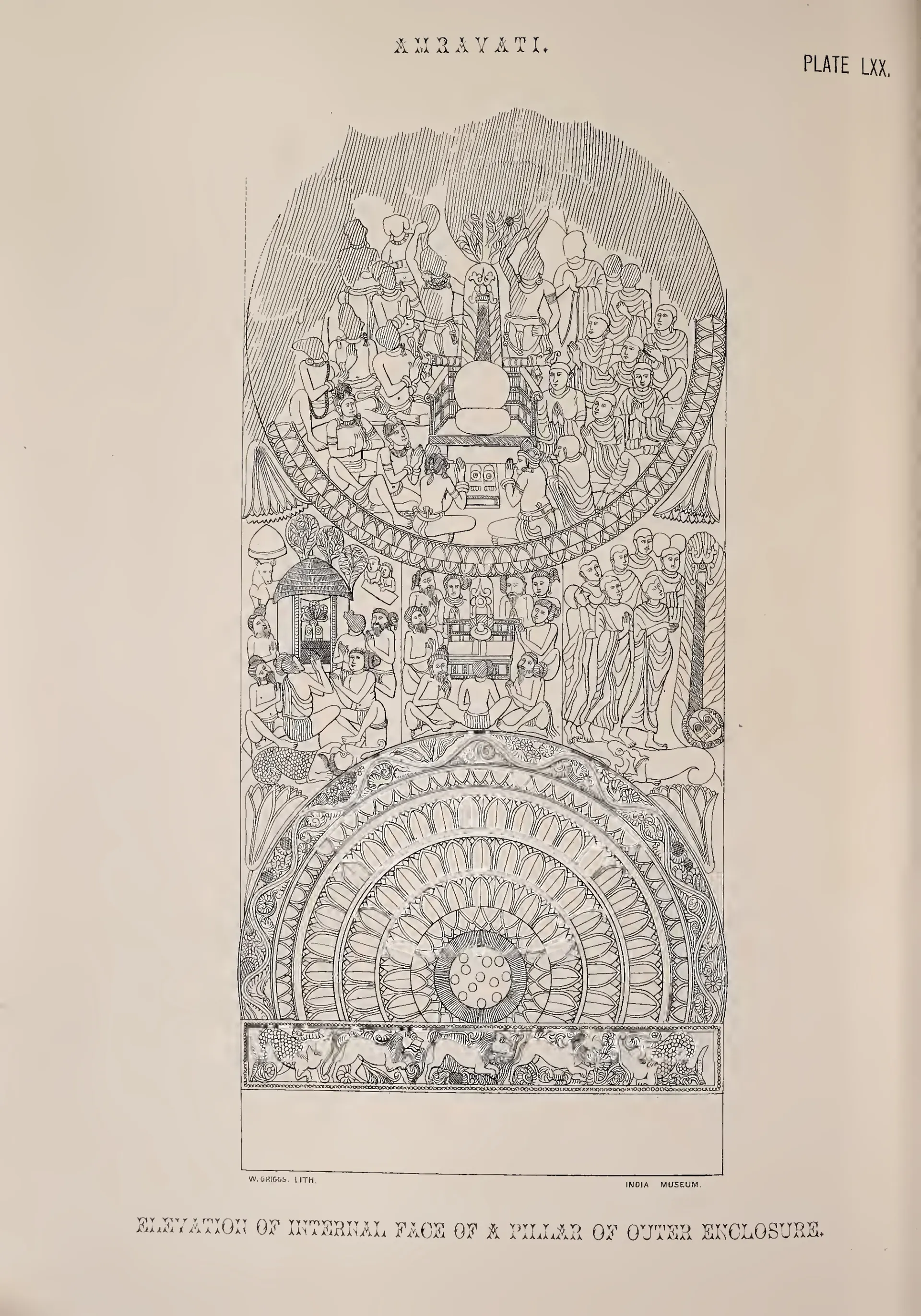 Lithograph of a rail pillar with a stupa scene and lotus medallion.