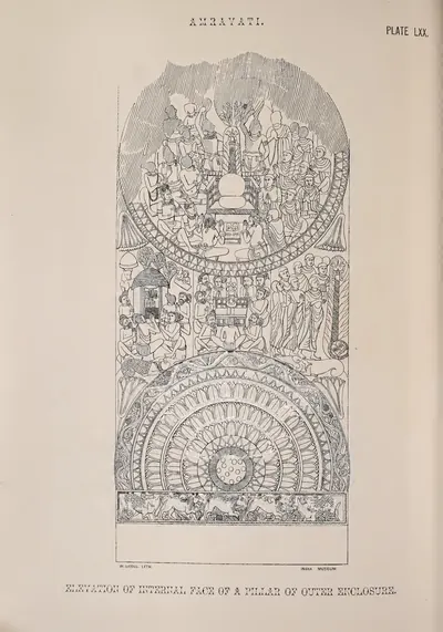 Lithograph of a rail pillar with a stupa scene and lotus medallion.