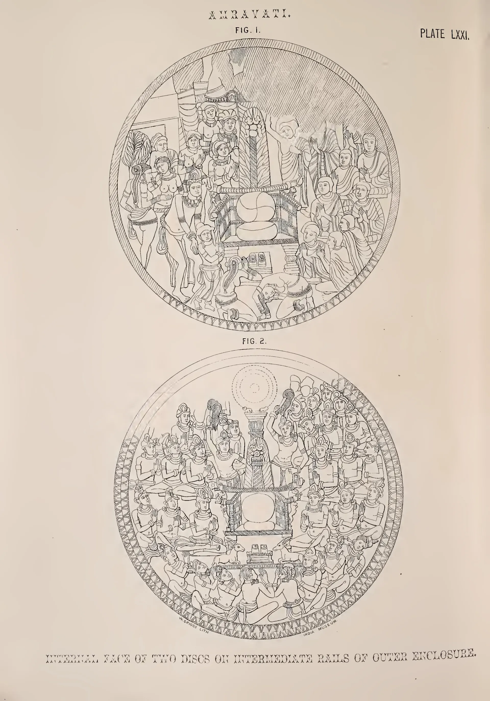 Lithograph of two circular cross-bar discs crowded with figure scenes.