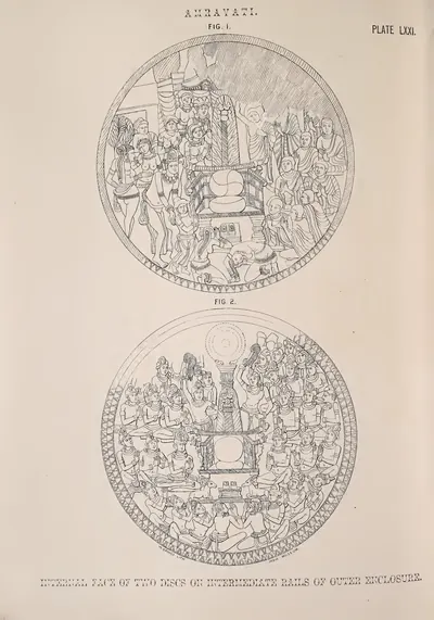Lithograph of two circular cross-bar discs crowded with figure scenes.