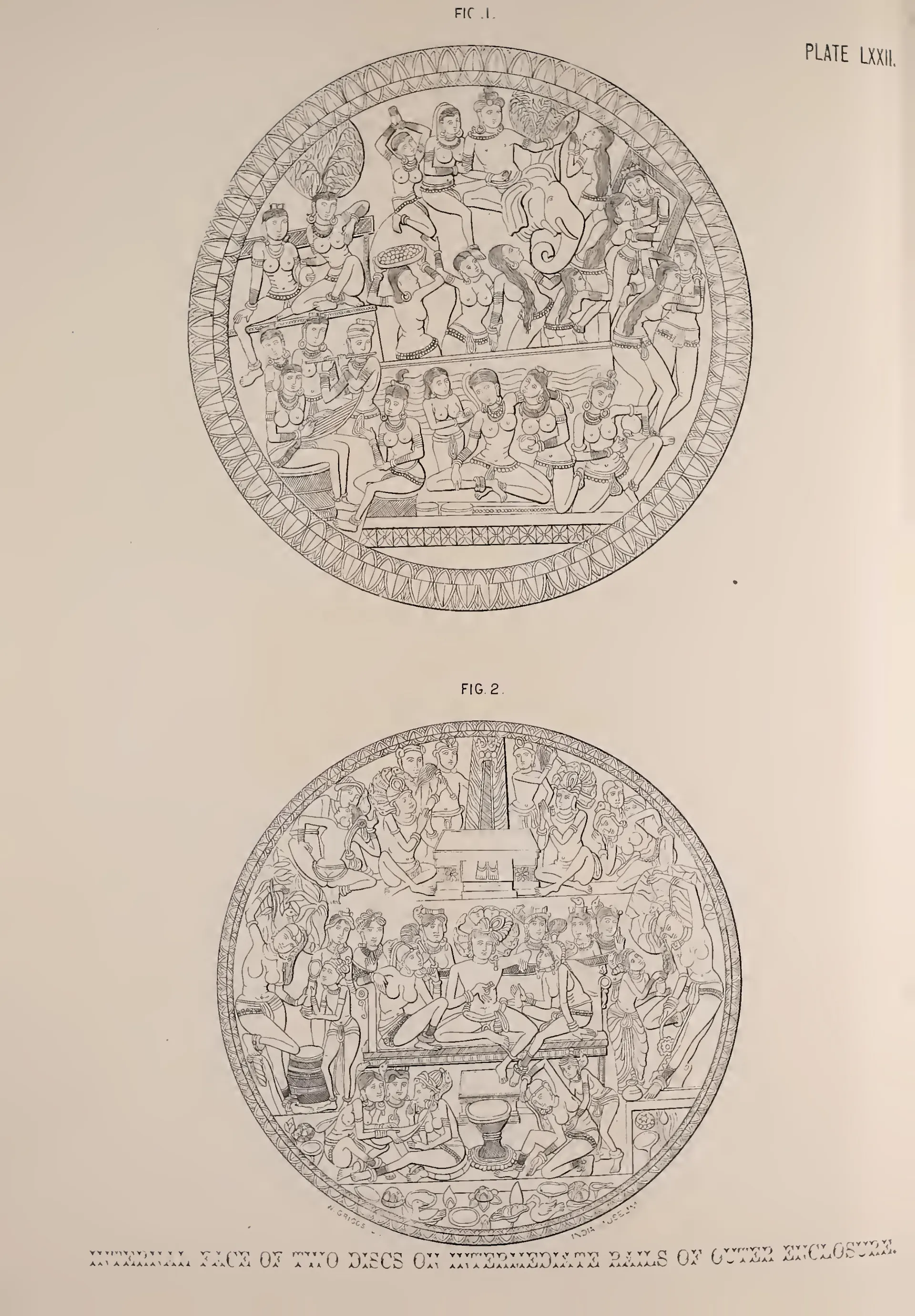 Lithograph of two circular cross-bar discs carved with figure scenes.