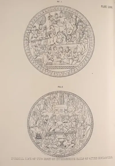 Lithograph of two circular cross-bar discs carved with figure scenes.