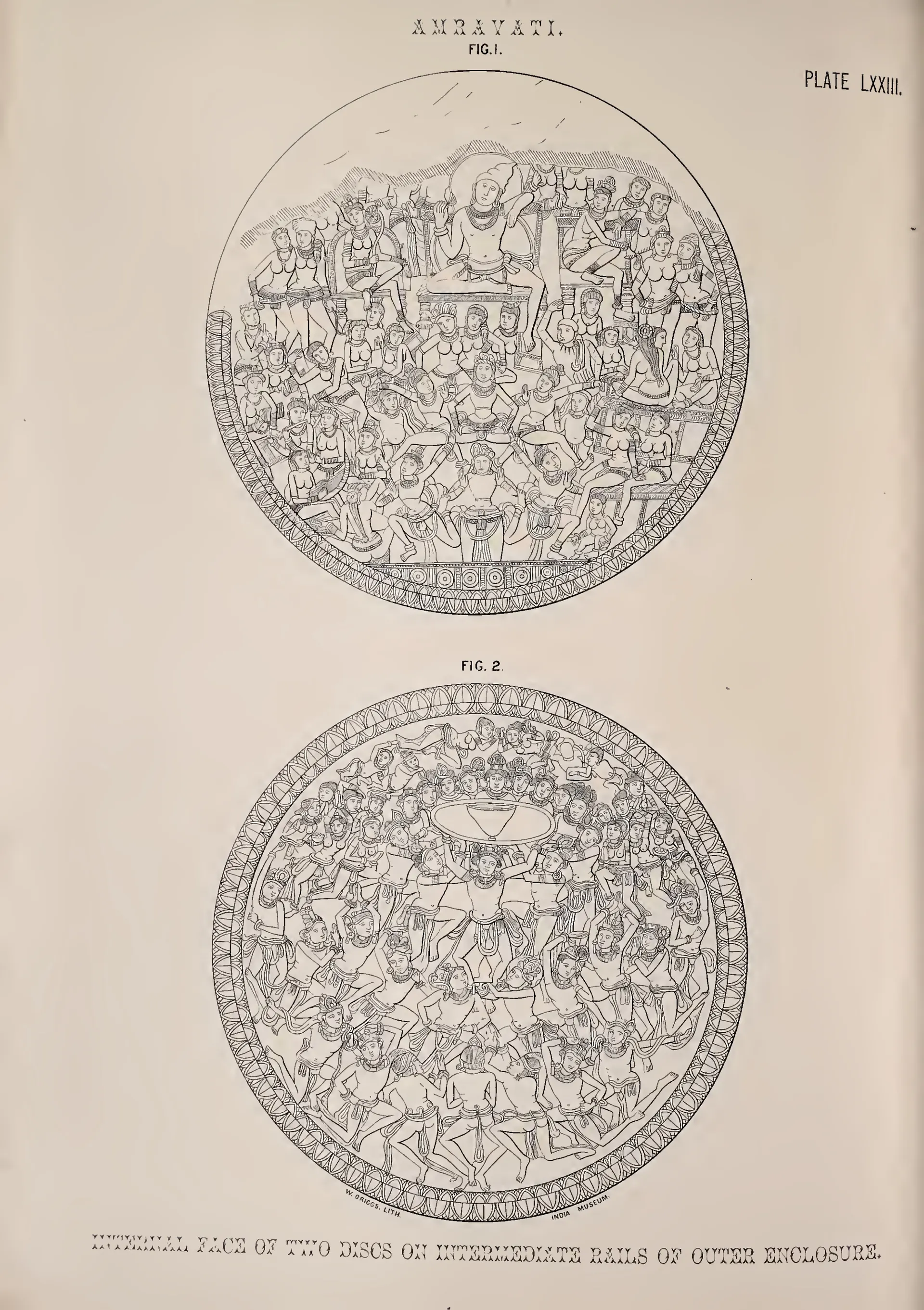Lithograph of two circular cross-bar discs carved with figure scenes.