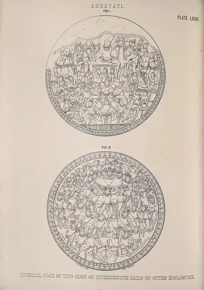 Lithograph of two circular cross-bar discs carved with figure scenes.