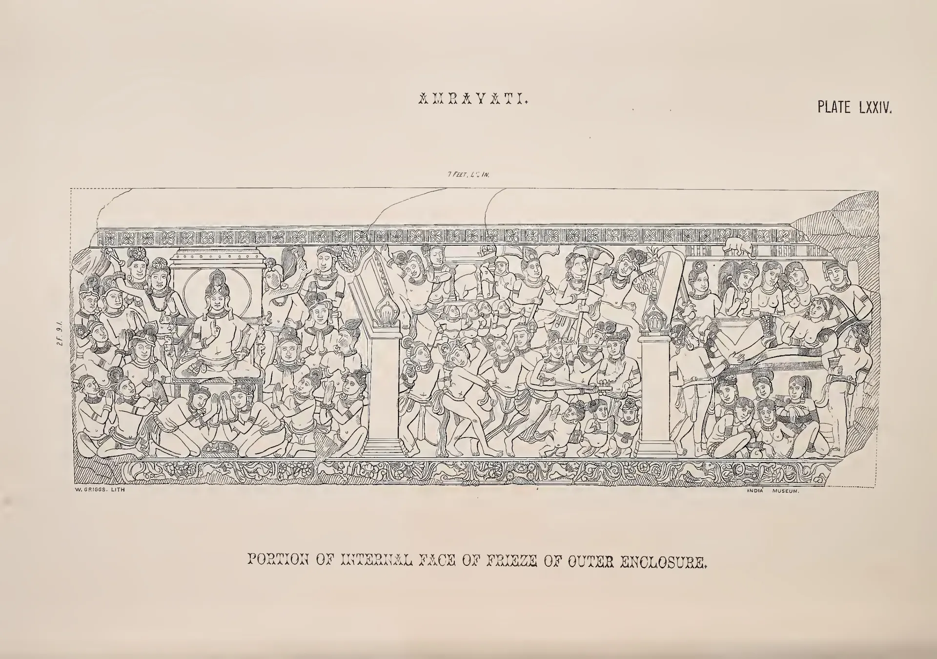Lithograph of a long coping-stone carved with a continuous narrative frieze.