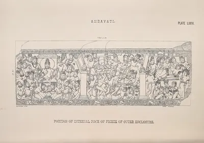 Lithograph of a long coping-stone carved with a continuous narrative frieze.